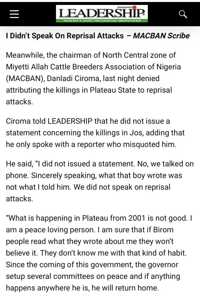 toluogunlesi's tweet image. 2 days ago virtually every Nigerian paper reported that Miyetti Allah N/C Chairman issued a statement justifying the Plateau killings. Now he says he never issued a statement, and never spoke about reprisals. 

Serious matter. Can the Guild of Editors help uncover the truth here?