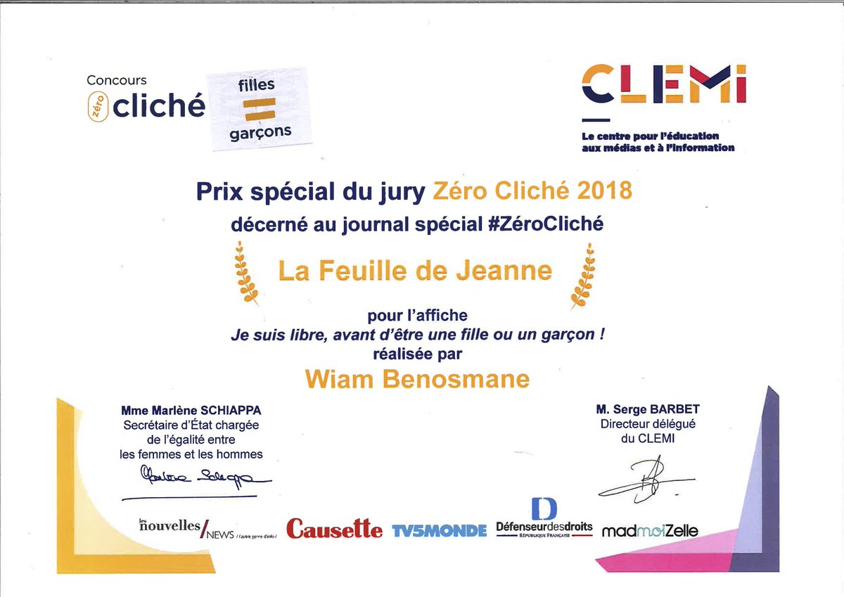 Le concours #ZéroCliché organisé par le @LeCLEMI a permis aux enfants du @CHU_Lille de se révéler en réalisant chacun leur billet sur l'égalité filles/ garçons. Bravo aux enfants qui ont reçu un prix spécial par le jury
#EducMediasInfo 

Cc @CausetteLeMag @TV5MONDE @madmoiZelle