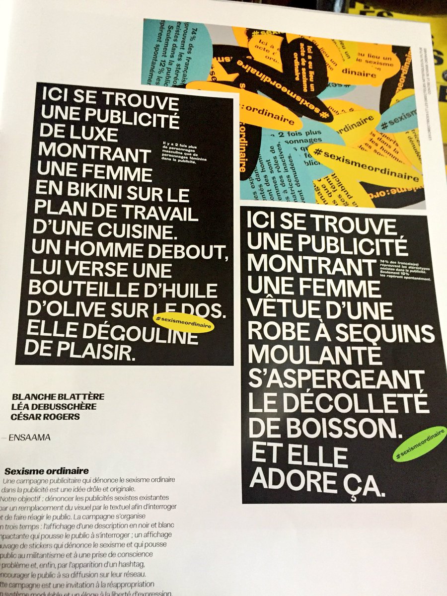 Izianelou's tweet photo. SUPERBE campagne sur le #sexismeordinaire 
Bravo aux étudiants de l’@ensaama 👏

Ces affiches décrivent textuellement des publicités existantes de marques que nous connaissons tous.
#ParisSansPubSexiste #sexisme #paris https://t.co/BC5a4KUZj1