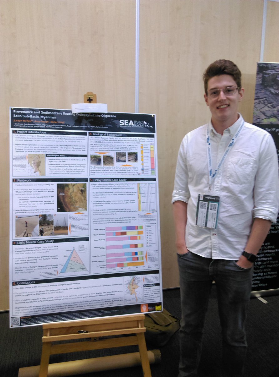 SEARGrhul's tweet photo. @Joseph_McNeil presenting his MRes research on the sedimentary provenance of the Oligocene Shwezetaw and Padaung Formations of the Salin sub-basin, Myanmar at #AsPac2018 @RHULEarthSci https://t.co/X4Vr023Uao