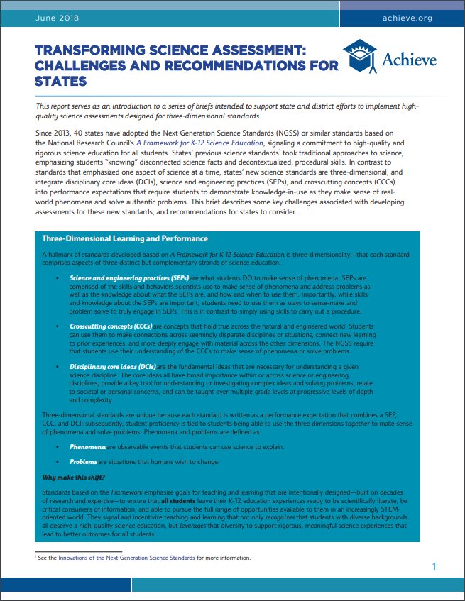 NEW BRIEF: transitioning to new #science assessments isn't easy. Read our new brief to learn more about the challenges states face in developing new tests to accompany 3-dimensional science standards, as well as recommendations for how to succeed. #NGSS achieve.org/transforming-s…