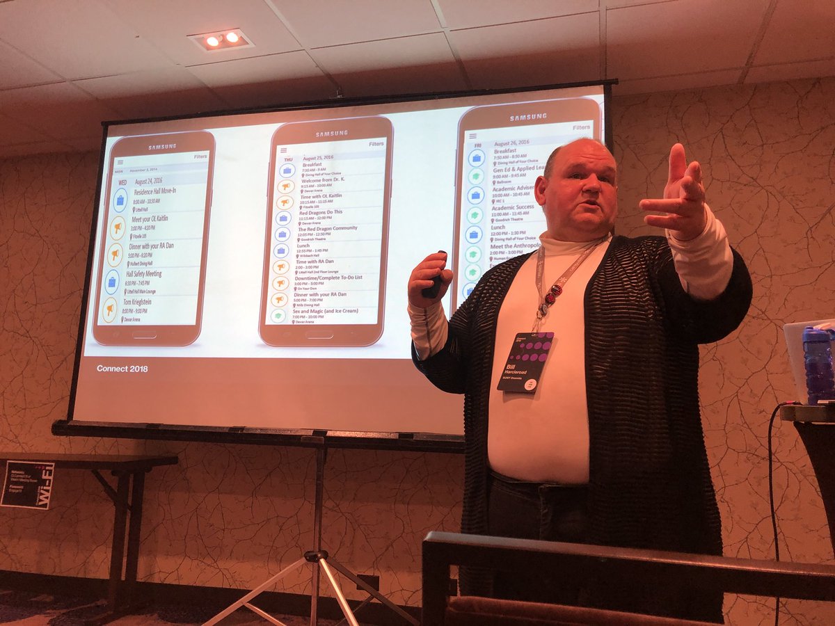 EvanHeiser's tweet photo. .@SUNY_Oneonta is doing some ingenious stuff with @CampusLabs #corq - using events and groups to give all new students a customized schedule for orientation - #mindblown #CLConnect18 https://t.co/8MVDhcqrKn
