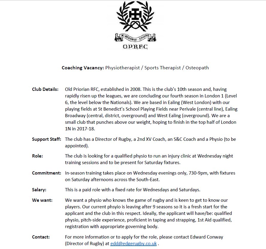 PHYSIO NEEDED for the 2018-19 season. Wednesday eve and Saturday fixtures, paid role. Please RT <a href="/W5Physio/">W5 Physio</a> <a href="/physiorichmond/">Michelle Cuthbert</a> <a href="/physioroom/">PhysioRoom</a> <a href="/thecsp/">Chartered Society of Physiotherapy (CSP)</a> <a href="/fizziowizzio/">Arturo Lawson</a> <a href="/CSPLondon/">Physiotherapy</a> <a href="/uclphysio/">UCL Physiotherapy</a> <a href="/Physio_KCL/">King's Physiotherapy</a> <a href="/KCLPhysioSoc/">KCL Physio Soc</a> <a href="/KCL_Physio/">KCL Physio Soc</a> @guys_privatePT <a href="/ICSMGazette/">ICSM Gazette</a> <a href="/ImperialMed/">Imperial Medicine</a> <a href="/icsmsu/">Imperial College School of Medicine Students Union</a>