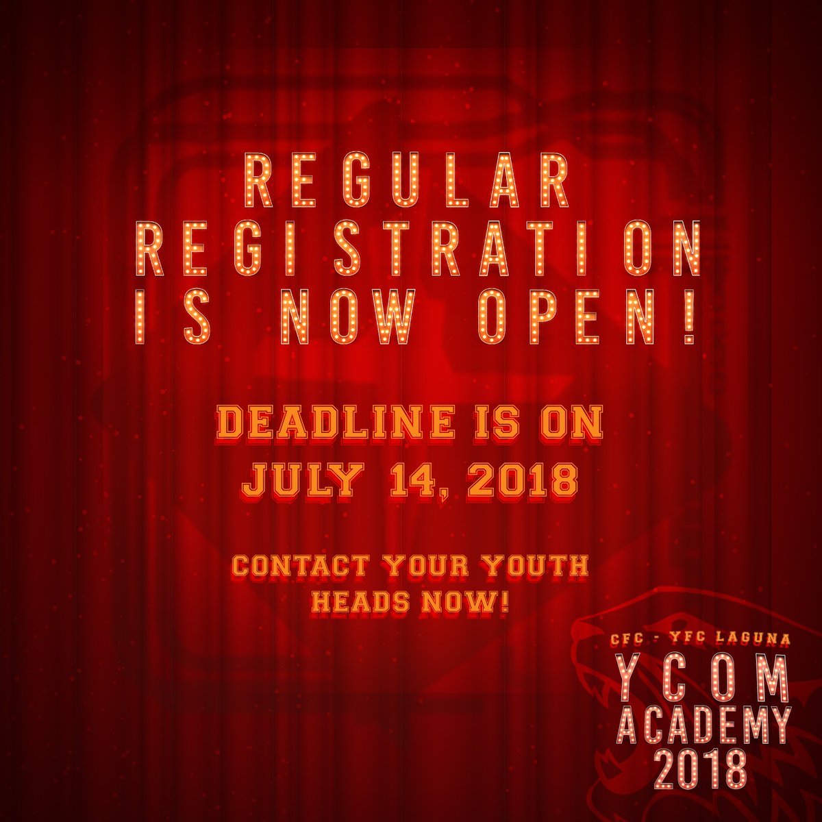 cfcyfcLAGUNA's tweet photo. Are you ready to share your talents, YFC Laguna?
Regular Registration is now open for only 200php!
The deadline is on July 14, 2018.
Contact your Sector Youth Heads/Program Heads and tag your households now!
#BraveAndCreative
#YComXtreme
#YComAcademy2018 https://t.co/o1yfiQuznz