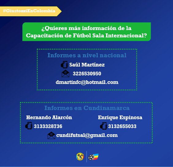 CapFutbolSala's tweet photo. ¡Solo quedan cinco días para el cierre de inscripciones! 😣
No te pierdas la Capacitación de Fútbol Sala Internacional  😲
¿Quieres más informes? 🤔
Comunicate con nuestro equipo 👇
#GiustozziEnColombia #Futsal #Colombia https://t.co/1hZ90MGt4N