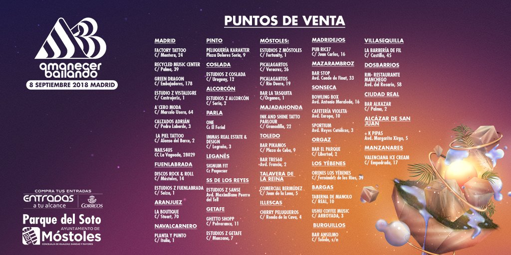 ➡ ENTRADAS AMANECER BAILANDO ⬅
30€ online > bit.ly/EntradasAB2018 + oficinas de Correos + puntos de venta físicos. #elmejoramanecerdetuvida 
🆎 amanecerbailando.com
8 de septiembre #Móstoles #Madrid
#Techno #TechHouse #Urban #Hardstyle #HipHop #Rap #Trap #Festival