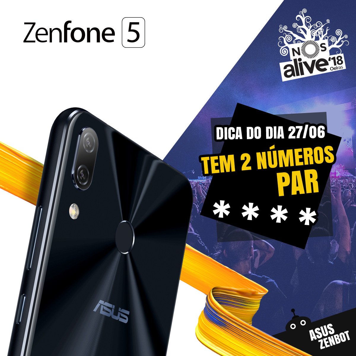ASUSPT's tweet photo. Terceiro dia de conversa com o ASUS #Zenbot e a oferta de bilhetes para o @NOS_Alive continua!
Dica do Twitter: tem apenas 2 números par. Será que consegues desbloquear um dos 2 códigos? Tenta aqui ->
https://t.co/xMNQIsfsjx https://t.co/mn9ELKd3bN