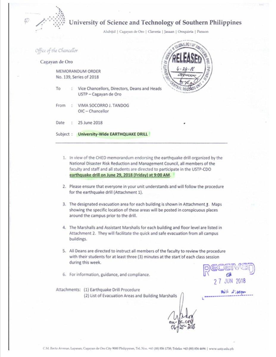 ustposacdo's tweet photo. Advisory: University-wide Earthquake Drill on June 29 2018 (Fri)@9:00 am
Check out the Memo, Evac sites, Building Marshalls and to do reminders. 
Our goal: in less than 5mins, ALL must have vacated the building, reached the evac area and Ground Commander has declared CLEAR. https://t.co/ZXfcrxEZvs
