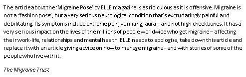 MigraineTrust's tweet photo. The article about the #MigrainePose by @ELLEMagazine is as ridiculous as it is offensive. https://t.co/3JHfXd0IUX https://t.co/SJ9TDooeAy