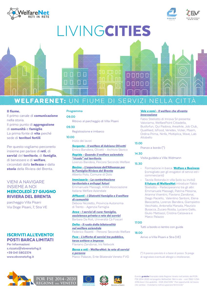 Stamattina navighiamo lungo la Riviera del Brenta per il progetto #LivingCities di <a href="/Welfare_Net/">WelfareNet</a>: un meeting lungo il fiume, assieme ad #aziende di tutto il #Veneto! Parliamo di "#welfare che diventa #innovazione" e di un #CircuitoVenetex che incontra il benessere del territorio.