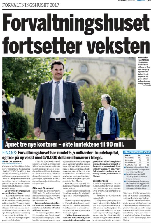 soderbergwealth's tweet photo. @Finansavisen skriver om Forvaltningshusets vekst i dagens utgave! https://t.co/s70WXohSpe