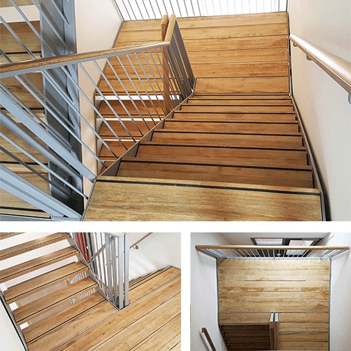 Fraai &amp; #brandvertragend #Fraké op deze stalen trap in het CC Amstel theater. #houtdaagtjeuit! #hout #traptreden: goo.gl/LQzEdL