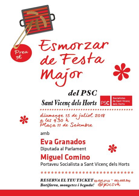 Vine a l’esmorzar organitzat pel PSC de #SantVicençdelsHorts: botifarra, mongetes i beguda!
Diumenge 15 de juliol a les 9,30h a la Plaça de l’Onze de Setembre.
Amb <a href="/Eva_Granados/">Eva Granados Galiano 🌹</a>, portaveu socialista <a href="/parlamentcat/">Parlament de Catalunya</a>, i <a href="/miguelcomino/">miguel comino</a>, portaveu socialista <a href="/AjuntamentSVH/">Ajuntament SVH</a> 
Tíckets a 3€
