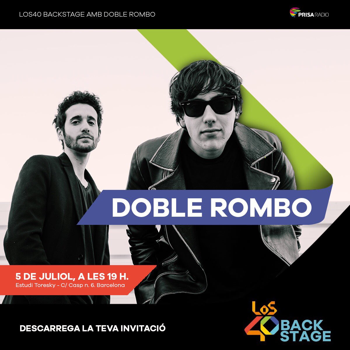 Doble Rombo en <a href="/Los40/">LOS40</a> Backstage

En menos de DOS DÍAS habéis acabado con CASI TODAS LAS INVITACIONES para el concierto del próximo 5 de Julio en #Barcelona

Quedan menos de 10, si todavía no tienes la tuya, hazlo en el siguiente link: profesionales.tivenkia.com/clientes/4264/…