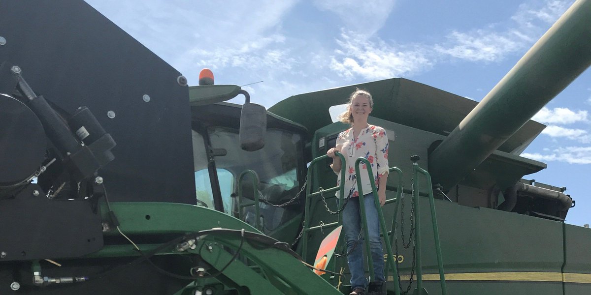 FCSFinancial's tweet photo. #Intern Ashton Light spent a day last week with #CropInsurance customers combining wheat near Nevada.  "It was the first time I had seen a combine running or gotten to ride in one," she said.  "It was really cool!" https://t.co/rKhEygBiSi