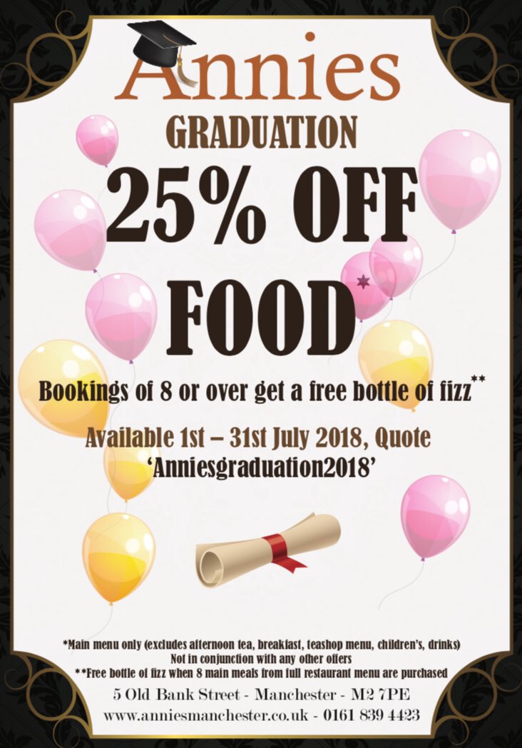anniesMCR's tweet photo. It’s that time of year again! Come and celebrate with us and get 25% off food and free fizz! #Graduations2018 #Manchester #Graduations 🎓🎉🥂🎊 https://t.co/NS5CvGQLk1