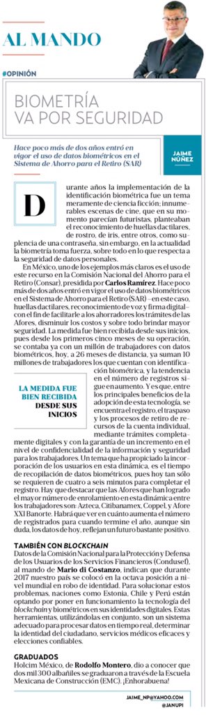 janupi's tweet image. Hoy en #Almando en @elheraldo_mx #Biometría #Aplicada #Seguridad #Robo #Identidad #Afores @CONSAR_mx / @CondusefMX #Blockchain #Herramienta #Prevención / @HolcimMexico #EscuelaMexicanaConstrucción #Graduación  bit.ly/2yJ5qKA