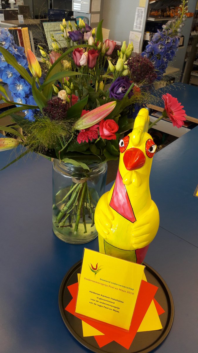 Er staat een kleurrijke Sjaan de Haan op onze balie te pronken. Trots op de nominatie Ondernemersprijs Peel en Maas 2018!