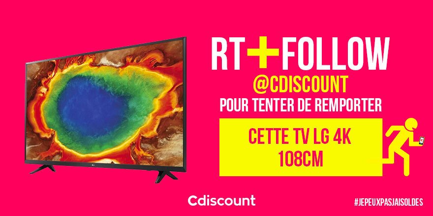 Cdiscount's tweet image. 🎁 #Concours #JePeuxPasJaiSoldes

👌 À gagner pour les #Soldes: Smart TV LG LED 4K HDR 108cm  👉bit.ly/2yMLOoH

🔸 Pour tenter votre chance : 
RT + FOLLOW @Cdiscount

☑️ TAS 04/07

Règlement : bit.ly/2lDtzZo
