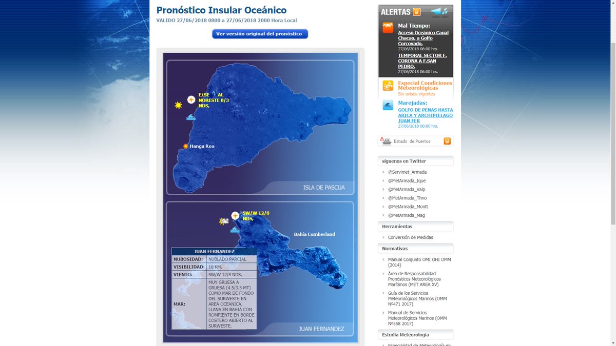 Servimet_Armada's tweet photo. #PronósticoInsulareOceánico #JuanFernández e #IsladePascua para hoy en página web @Servimet_Armada https://t.co/LJqsWcKC4N   los pronósticos extendidos de #bahía de los principales puertos del país @Armada_Chile @mercuriovalpo @laestrellavalpo @CEValparaiso @SanAntonio_SOS https://t.co/kZLh8850hG