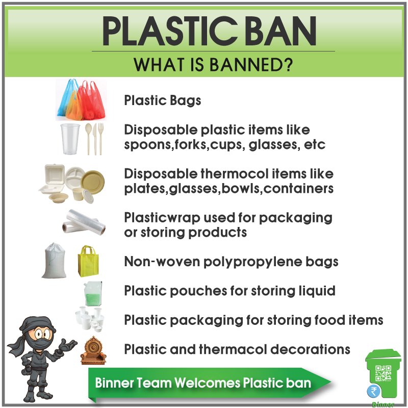 Binner Team Welcomes the #PlasticBan. Listed are the items included in the Maharashtra PlasticBan. Reduce - Reuse - Recycle & Save the Environment   #singleuseplastic #PlasticPollution #Plastic #BeABinner #BeatPlasticPollution #vcan4mumbai #plasticrestriction
