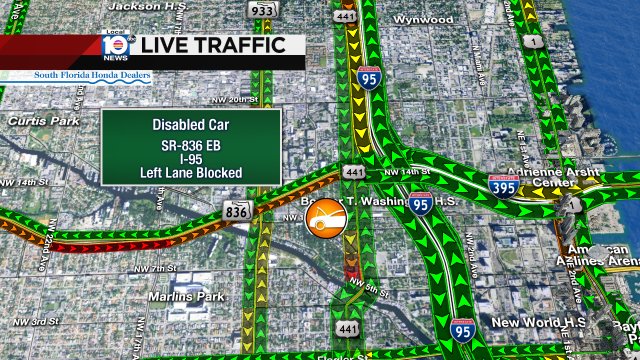 DISABLED CAR: SR-836 EB & I-95. A left lane is blocked. #TRAFFIC #MIAMI https://t.co/IqC08akNTv