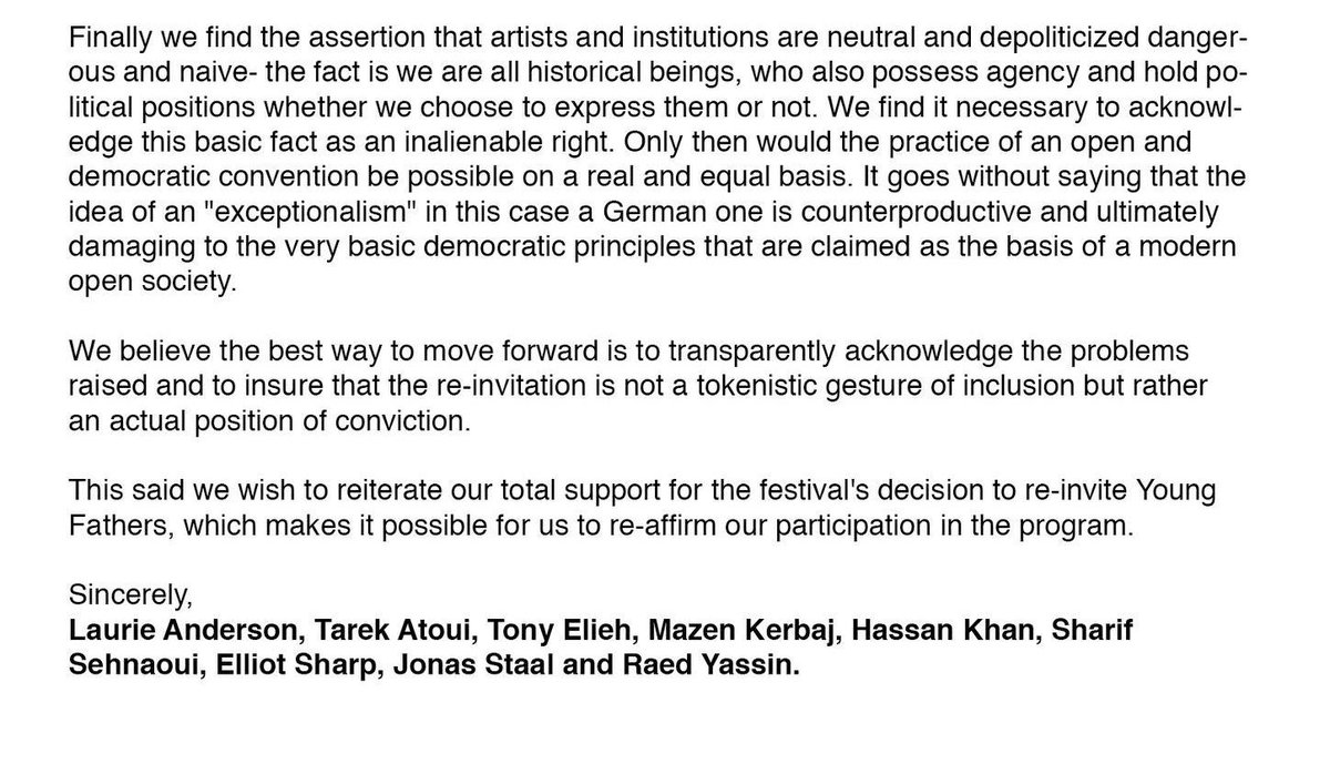PACBI's tweet photo. Artists who withdrew from @Ruhrtriennale in solidarity with Young Fathers rejoin festival after it corrects its “punitive response to a position of conscience,” affirm right to freedom of expression for all, including through peaceful boycotts. #SupportYoungFathers https://t.co/DOfN2PRIFb