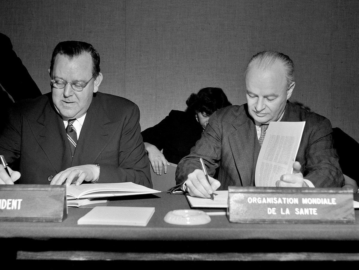 The first World Health Assembly, with 54 states, met in June 1948 to establish  @WHO as the first  @UN specialized agency & lay out WHO’s mandate for realizing public health.(WHO accession to the UN by UN Secretary General Trygvie Lie & WHO Director-General Brock Chisholm)