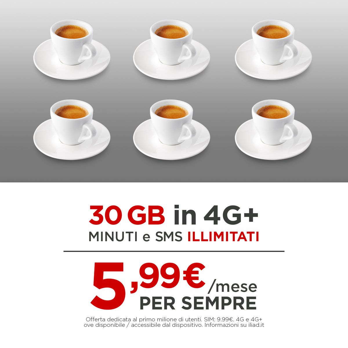 IliadItalia's tweet photo. Hai mai pensato che 30 GB, minuti illimitati in Italia, in Europa e verso oltre 60 destinazioni internazionali costano meno di 6 caffè? Scopri la #Rivoluzioneiliad su https://t.co/yZlXNem3i5 https://t.co/xhMY25I7VE