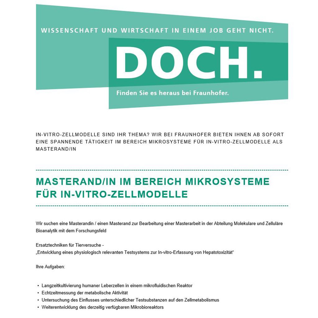 FraunhoferIZI's tweet image. Sie wissen was in vitro ist und kennen sich mit Mikrobioreaktoren aus? Das @FraunhoferIZI-BB in #Potsdam sucht #Masterand/in im Bereich #Mikrosysteme für In-Vitro-Zellmodelle. Bewerbungsschluss 22. Juli. recruiting.fraunhofer.de/Vacancies/3898… #Fraunhofer #Masterarbeit #Job