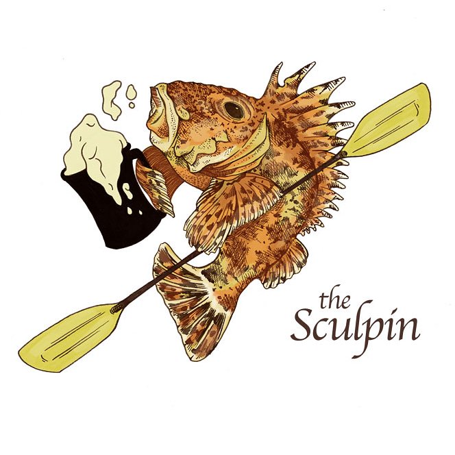 Art_by_Grey's tweet photo. Sticker for a friends boat 🚣 

#illustration #drawing #stickerart #art #wildlifewednesday #nature #natureillustration #animorphic #fish #sculpin #outdoors #kayaking #boat #paddling #beer #getoutside https://t.co/3XxuomZ0yB