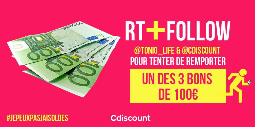 C’EST LES SOLDEEEEEEEEES !!! [CONCOURS] 

A l’occasion des soldes, je vous fait gagner avec <a href="/Cdiscount/">Cdiscount</a> trois bons d’achat d’une valeur de 100€ 🔥🔥🔥
Pour participer #RT + #FOLLOW <a href="/Cdiscount/">Cdiscount</a> &amp; @Tonio_Life
#JePeuxPasJaiSoldes 
Tirage le 08/07
bit.ly/SoldesTonioLife