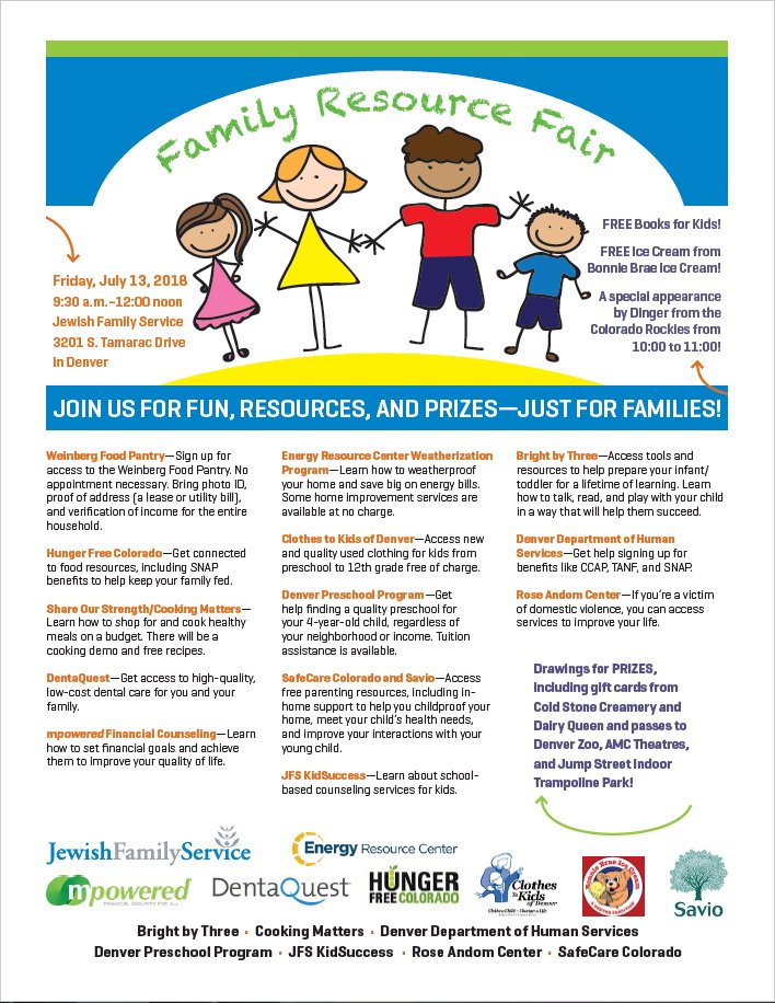 JFS_Colo's tweet photo. JFS is hosting a FREE Family Resource Fair on Friday, July 13, from 9:30 a.m. to noon. Will include resources, prizes, ice cream, and appearance by Colorado Rockies mascot Dinger! Details: https://t.co/xYczqDwaU8 Please RT. https://t.co/r5sV3U2qNO