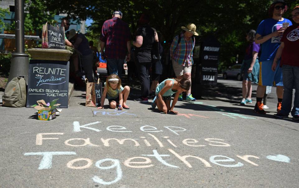 Kids help write chalked messages outside of Portland's City Hall at Occupy ICE protest last Saturday (via @Oregonian) #FamiliesBelongTogether #releasethechildren #wherearethegirls
