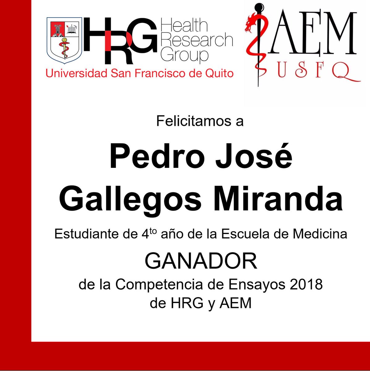 Congratulations Pedro Gallegos winner of the 2018  Essay competition at Universidad San Francisco de Quito! wp.me/p9bRY3-aJ #USFQ #health #salud #essaycompetition #winner #university #Congratulations #ecuador #Quito