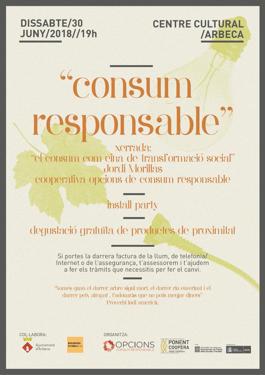 Aquest dissabte, dia 30, ens veiem a #Arbeca en la Jornada de Consum Responsable! 🌱
🔌 Install Party 👉 Si portes la factura de la llum, de telefonia/internet o de l'assegurança t'assessorem i t'ajudem a fer els tràmits per fer el canvi!
