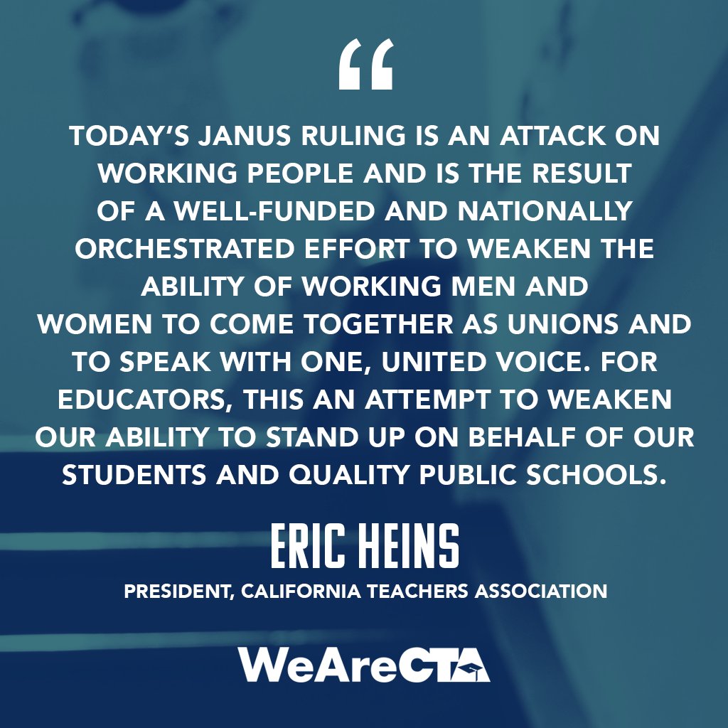 WeAreCTA's tweet photo. BREAKING: Today #SCOTUS sided with the corporate special interests and against working people with a 5-4 decision in #JanusvAFSCME Council 31. https://t.co/EgCwiZ3bjv