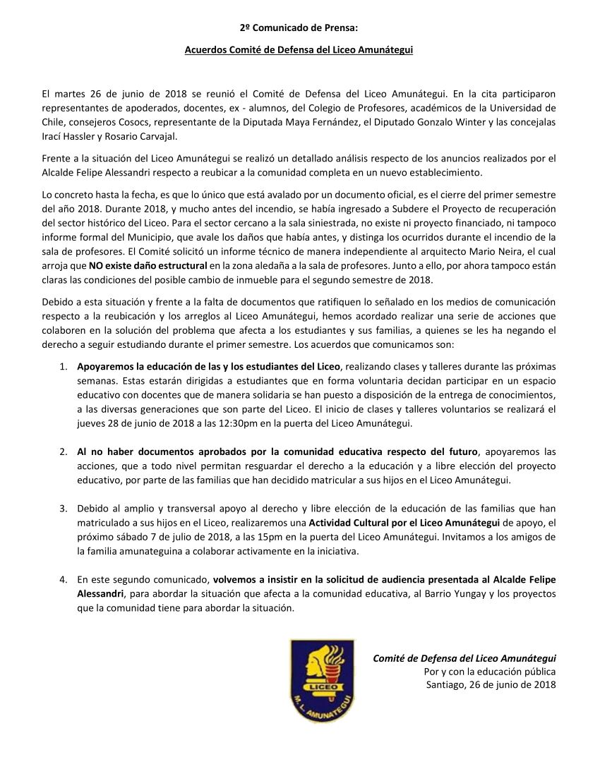 Barrio_Yungay's tweet photo. 2o Comunicado del Comité de Defensa del Liceo Amunátegui convoca a diversas iniciativas de apoyo por el #NoAlCierreDelAmunategui
Somos comunidad educativa, ex-alumnos/as, vecinos/as, académicos/as, dirigentes sociales, concejales/as y diputados/as. https://t.co/VzCbGNN6nM