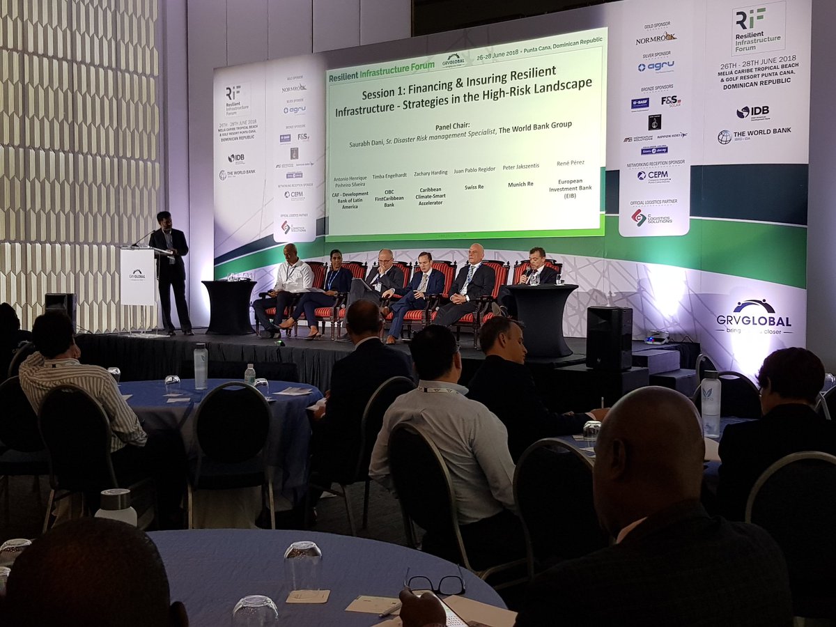 PnyxLtd's tweet image. #RIF18 Session1 #finance #insuring #resilient #infrastructure Chaired by Saurabh Dani @WorldBank welcome Antonio Silveira @AgendaCAF Timba Engelhardt @CIBC_FCIB @zacharding Caribbean Climate-smart Accelerator, Juan Pablo Regidor @SwissRe Peter Jakszentis @MunichRe Rene Perez @EIB