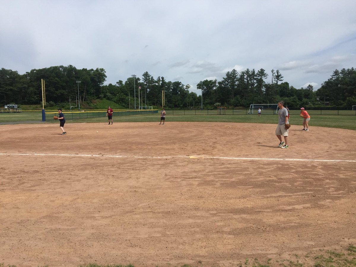 CCanfield100's tweet photo. #Science teachers Carley, Malary, and @mrnickscigeek swing for the fences in the #NewtownHS #faculty #softball game. #lastdayofschool #teamwork https://t.co/6Z4KIfNgTm