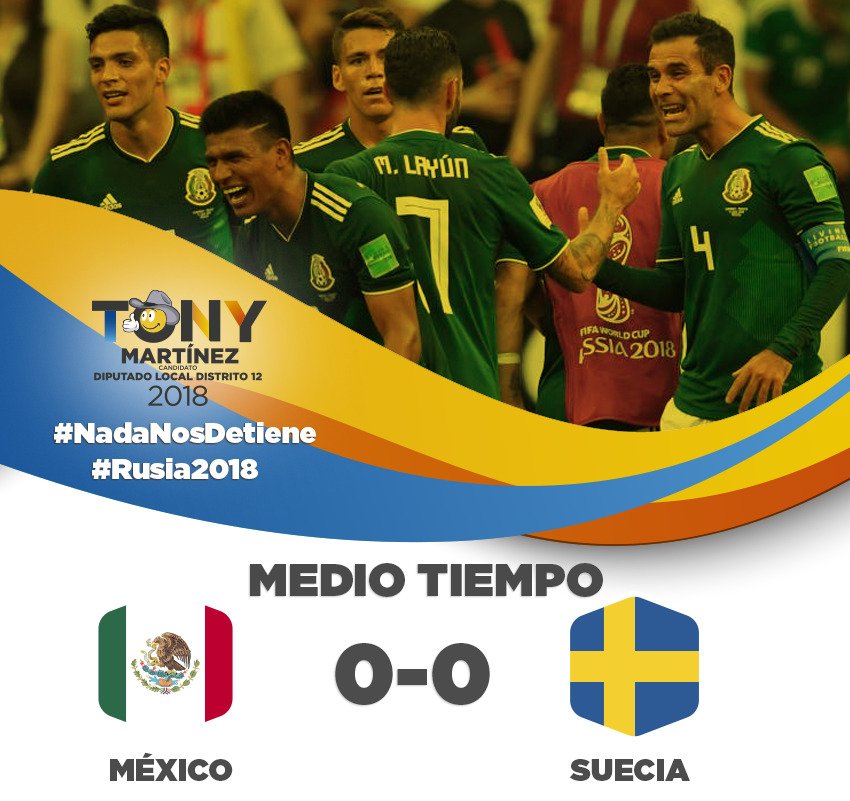 Terminó la primera parte del partido ¡Qué partido! #MexicovsSuecia 🇲🇽- 0 ⚽ 🇸🇪- 0 No se rindan #NadaNosDetiene ¡Vamos México! <a href="/miseleccionmx/">Selección Nacional</a>