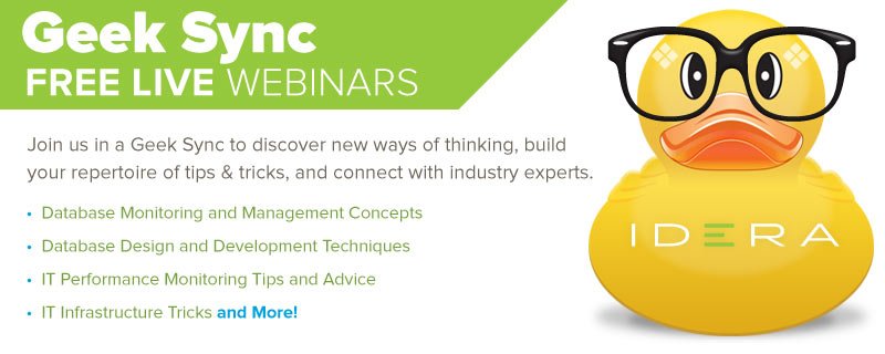 Idera_Software's tweet image. Our #GeekSync with @Kendra_Little begins in one hour! It's not too late to register here to learn more about #SQLServer #indexoptimization: ow.ly/yk7H30kBLyr