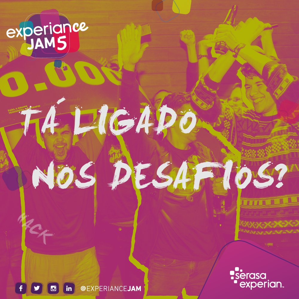 experianceJAM's tweet photo. O EJ5 já tem dia pra acontecer: 18 e 19/08. E serão quatro desafios: Analytics, Blockchain, Vibe do Cliente + 1 Desafio Surpresa. Já se inscreveu? Tá esperando o quê? Acesse https://t.co/ifw47wnmnb e conheça todos os detalhes. #experiancejam #hackathon https://t.co/j8DPrzqLA3