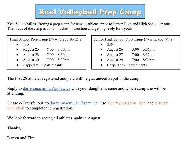 VolleyballXcel's tweet photo. Due to interest, we’ve had to add an extra gym to our High School camp...and that one is almost full!  Only 6 spots left for the High School Prep camp. 

Our Junior High camp is now full. Looking forward to seeing everyone in August! https://t.co/sSBQ6WAe6r