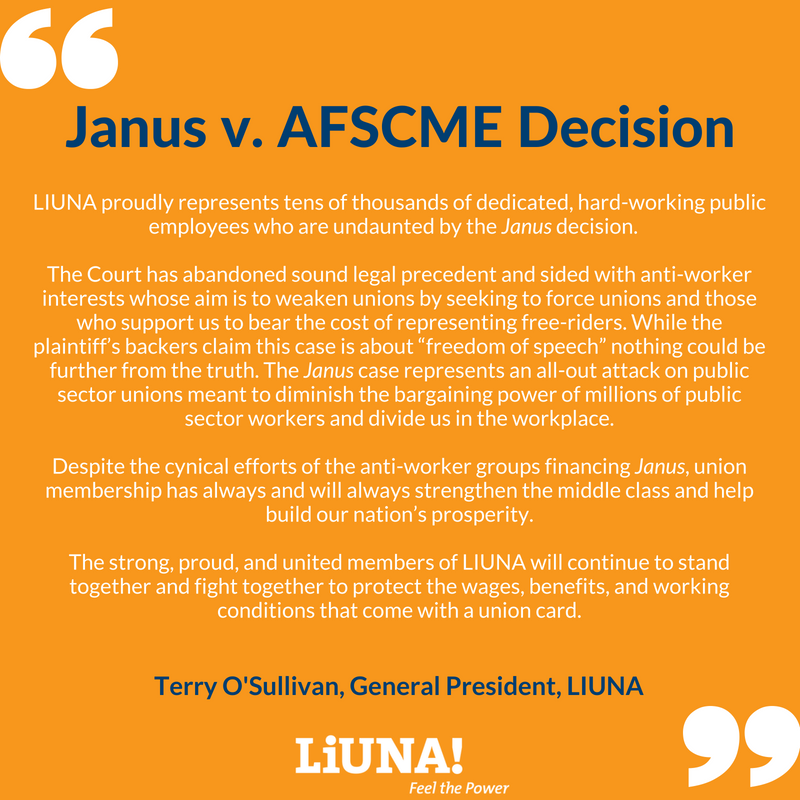 LIUNA's tweet photo. #LIUNA General President #TerryOSullivan on #JanusDeicsion #JANUSvsAFSCME #Janus #publicemployees #SCOTUS 
https://t.co/AtNqoCpQJR https://t.co/aOhpC8HJhO