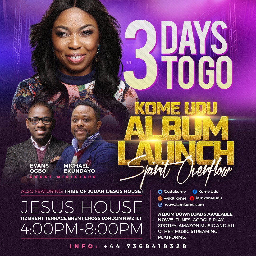 jesushouseuk's tweet image. 3 DAYS TO GO!!! Kome Udu Album Launch Join @udukome for an unforgettable night of true worship as she leads us into the Presence of God
It’s a FREE but registration is required! Register Today on eventbrite and let’s worship. #SpiritOverflow
eventbrite.co.uk/e/kome-udu-alb…