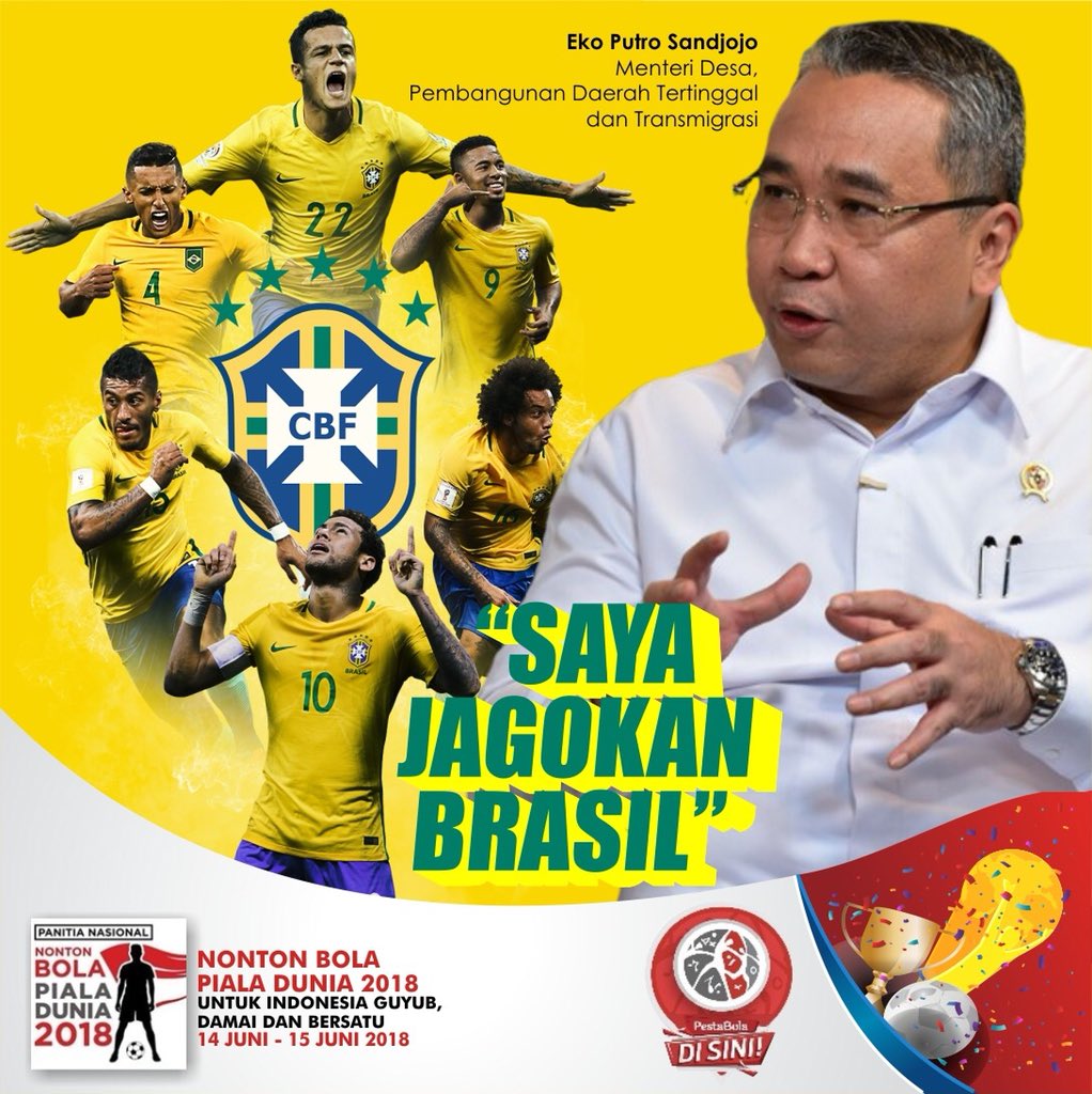 EkoSandjojo's tweet photo. Asyik juga mengamati Piala Dunia. Kali ini saya menjagokan Brazil.saya berharap suatu saat PSSI bisa ikut piala dunia dan saya pasti akan menjagokan PSSI.saya berharap dgn dibangunnya sarana olah raga di desa2 dengan #DanaDesa, bisa menemukan bibit2 pemain yang berbakat dari desa https://t.co/xzr58wcwXt