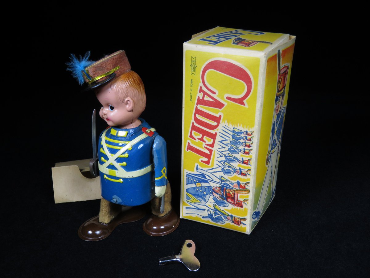 mark_toys's tweet photo. #Vintage #Antique Cadet Marching Soldier with Original Box #Tin and #Celluloid, #Mechanical #Windup #Toy made in #Japan - FOR SALE from #bergintoys.com https://t.co/v13biNwG5N