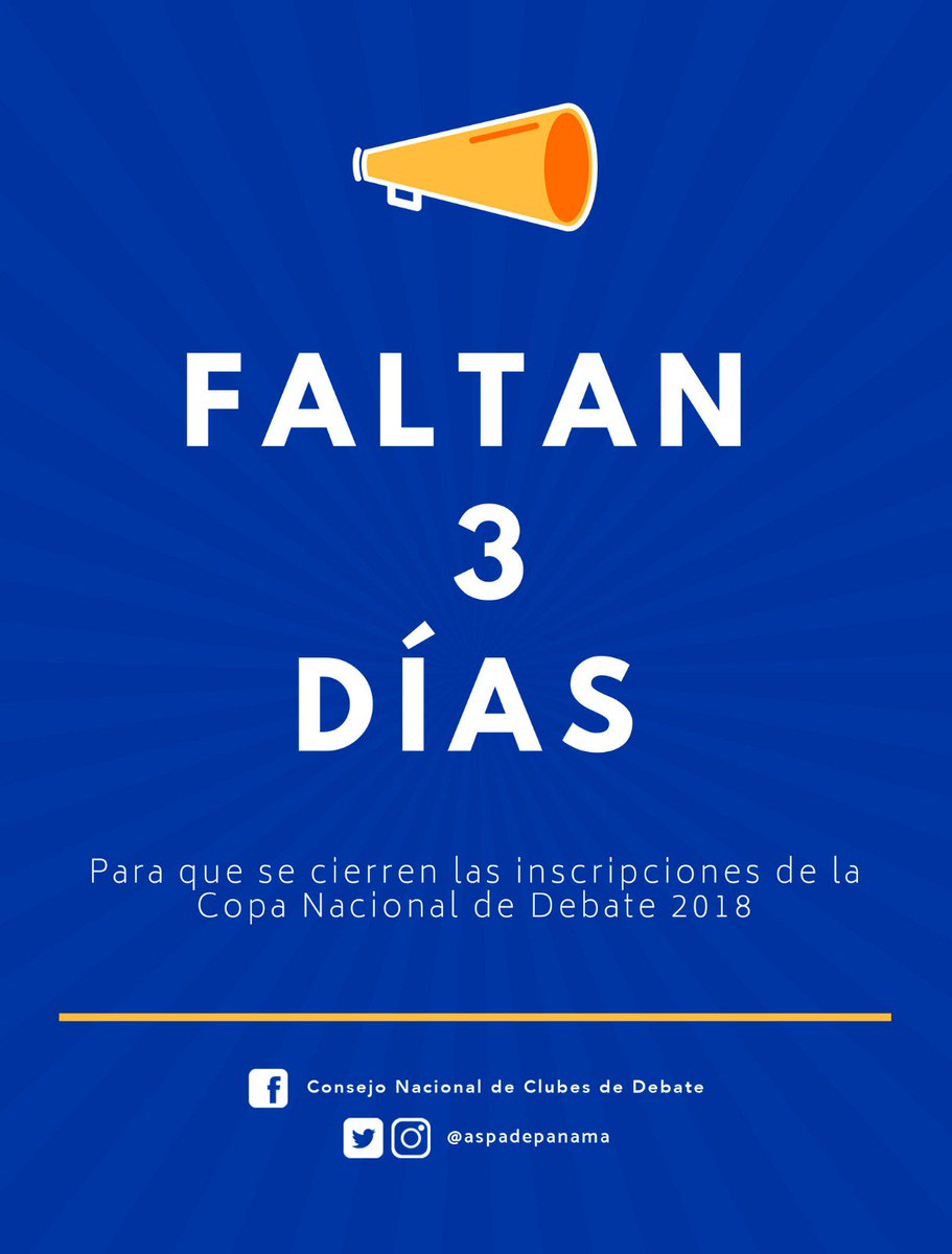 Faltan 3 días para que se cierren las inscripciones de la Copa Nacional de Debate 2018. Tendrás la oportunidad de participar en la única competencia de debate de Panamá que reúne a jóvenes estudiantes de todas las provincias del país. #UnPanamáQueDebate