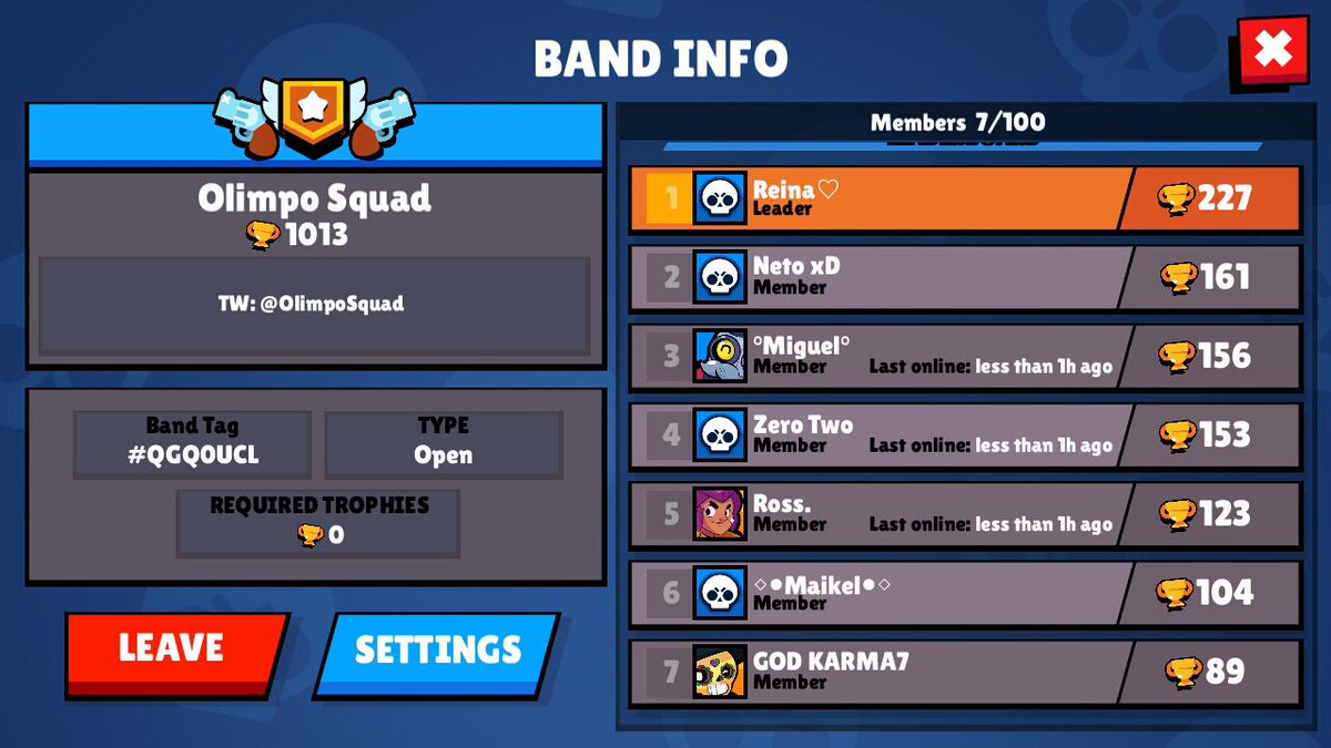 ANUNCIAMOS EL LANZAMIENTO DE NUESTRA BANDA DE <a href="/BrawlStars/">Brawl Stars</a>!!!

Por ahora no hay requisitos, son libres de unirse. Sólo buscamos gente activa con ganas de crecer en el juego y formar parte de esta gran familia.

Toda la info con nuestra gran lideresa <a href="/ReinaaCR/">Reina☹</a> 

#JustDoIt